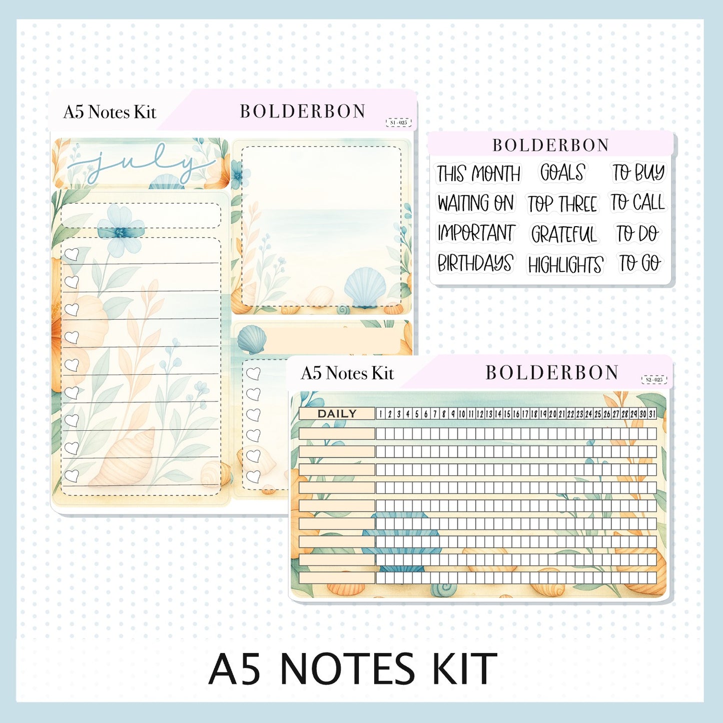 JULY - A5 NOTES KIT Original Layout || Planner Sticker Kit for A5 Planners and Notebooks