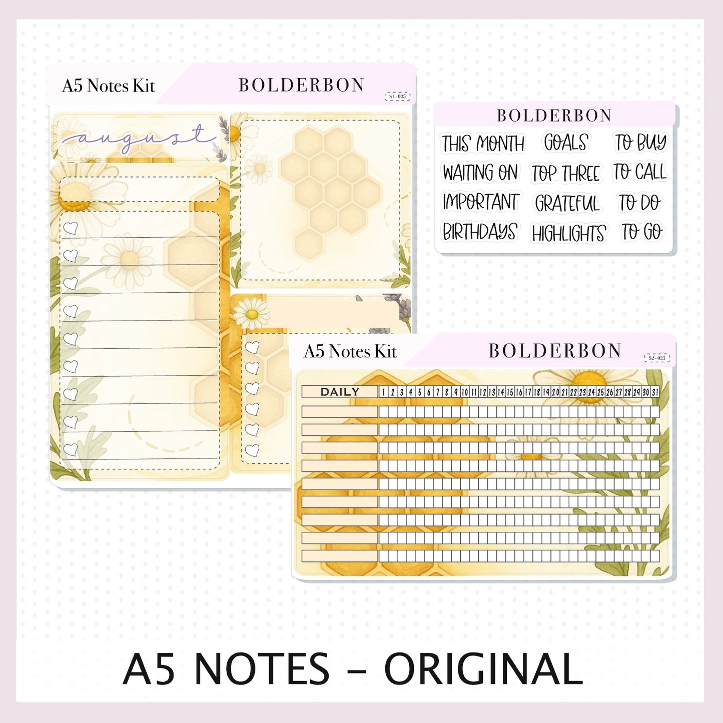 AUGUST A5 NOTES KIT Original Layout || Planner Sticker Kit for A5 Planners and Notebooks, Sweet Honey
