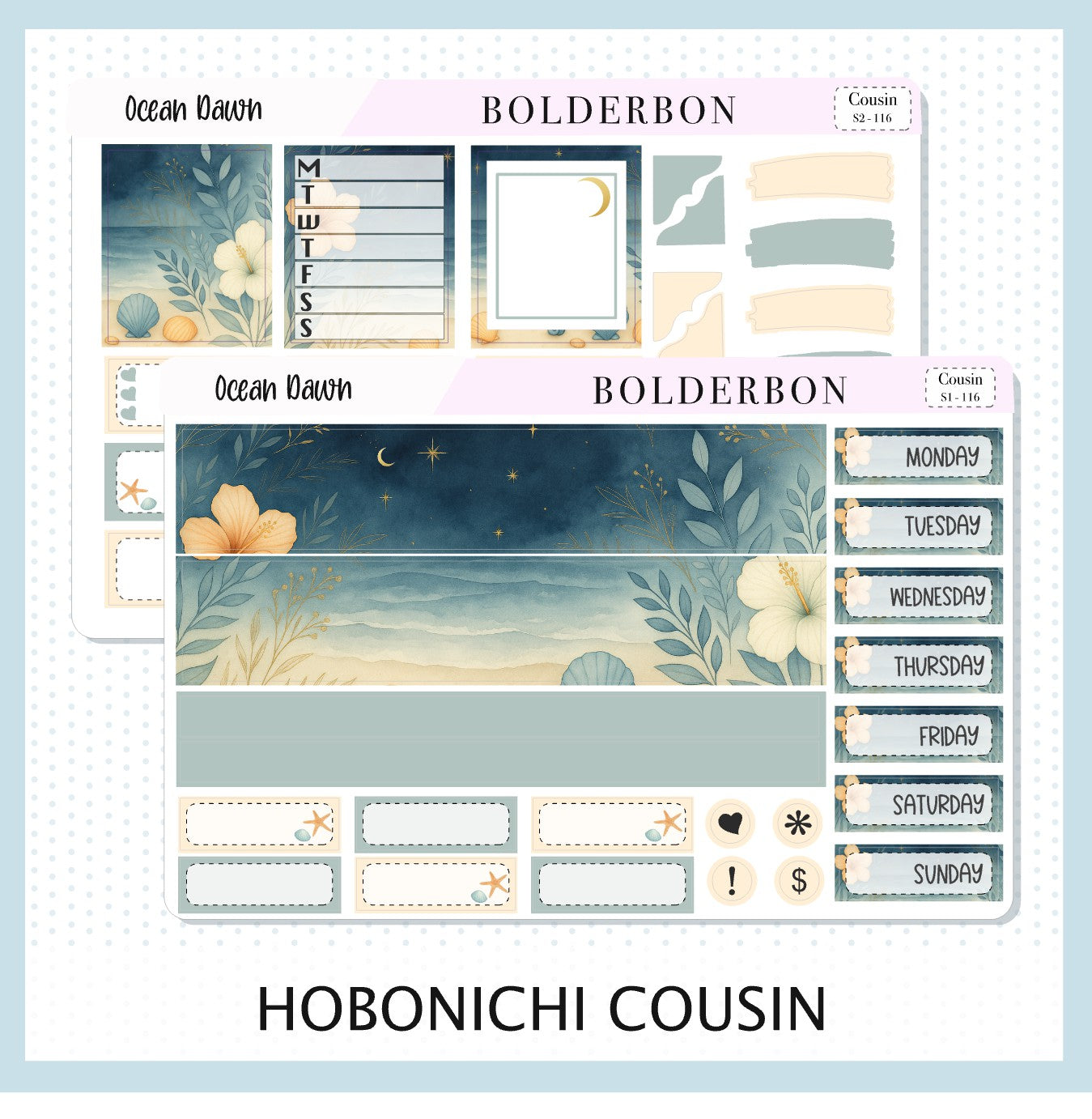 OCEAN DAWN Hobonichi Cousin || A5 Planner Sticker Kit, Aesthetic Coastal Beach and Nautical Vibe Weekly Planner Stickers
