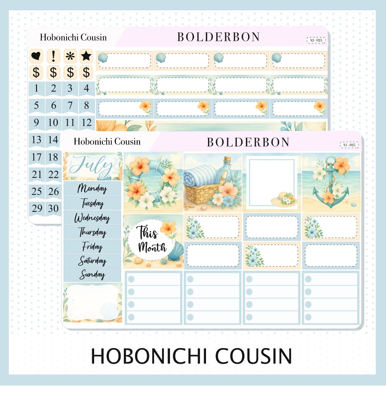 JULY Hobonichi Cousin and A5 Day Free || Shoreline, Beach Vibes Monthly Planner Sticker Kit