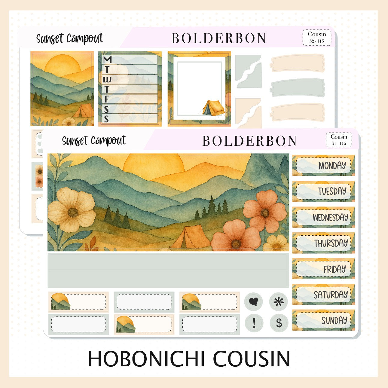 SUNSET CAMPOUT Hobonichi Cousin || A5 Planner Sticker Kit, Aesthetic Outdoor Nature Camping Weekly Planner Stickers