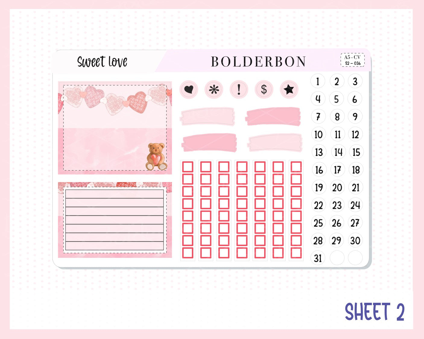 SWEET LOVE "Compact Vertical" || A5 Planner Sticker Kit, Valentine's, Love
