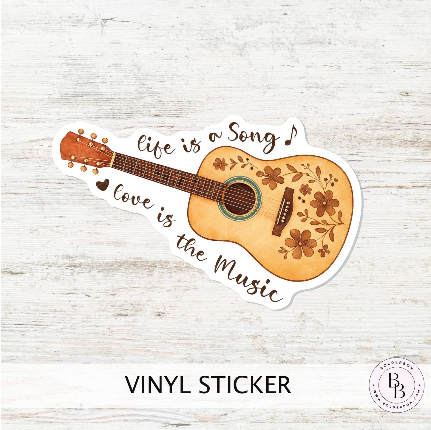 Life Is a Song Guitar Sticker || Floral Acoustic Guitar Vinyl Sticker, Boho Music Sticker, Folk Art Laptop Decal, Love Is the Music Quote Sticker