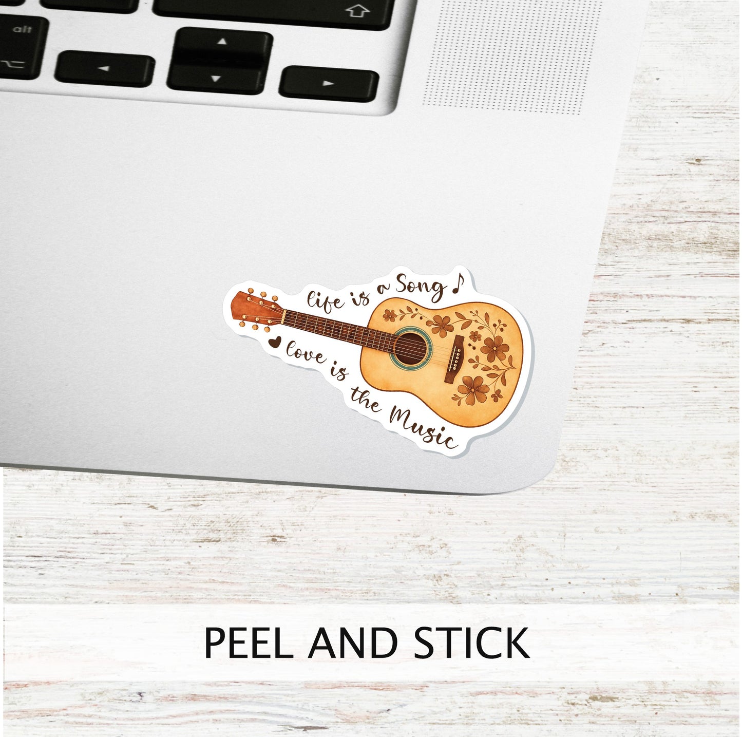 Life Is a Song Guitar Sticker || Floral Acoustic Guitar Vinyl Sticker, Boho Music Sticker, Folk Art Laptop Decal, Love Is the Music Quote Sticker