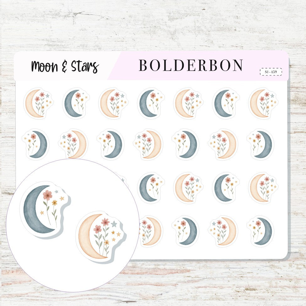 MOON AND STARS Planner Stickers || Floral Crescent Moon, Icon Sheet for Journals & Hobonichi Planners