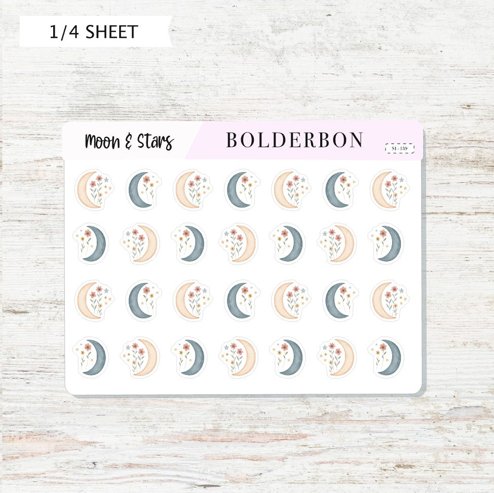 MOON AND STARS Planner Stickers || Floral Crescent Moon, Icon Sheet for Journals & Hobonichi Planners