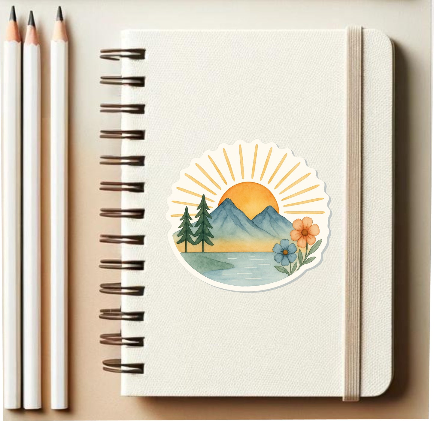 Mountain Sunrise Vinyl Sticker || Floral Nature Decal, Hiking Outdoor Adventure, Cottagecore Watercolor Aesthetic, Waterproof Laptop Sticker
