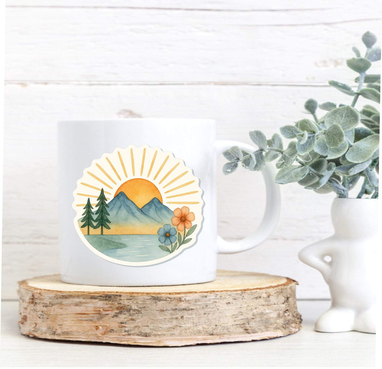 Mountain Sunrise Vinyl Sticker || Floral Nature Decal, Hiking Outdoor Adventure, Cottagecore Watercolor Aesthetic, Waterproof Laptop Sticker