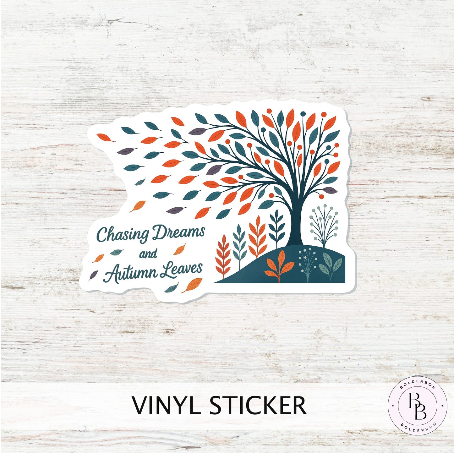 Chasing Dreams and Autumn Leaves Sticker || Whimsical Autumn Vinyl Sticker, Boho Vibe Sticker, Fall Tree Folk Art Laptop Decal