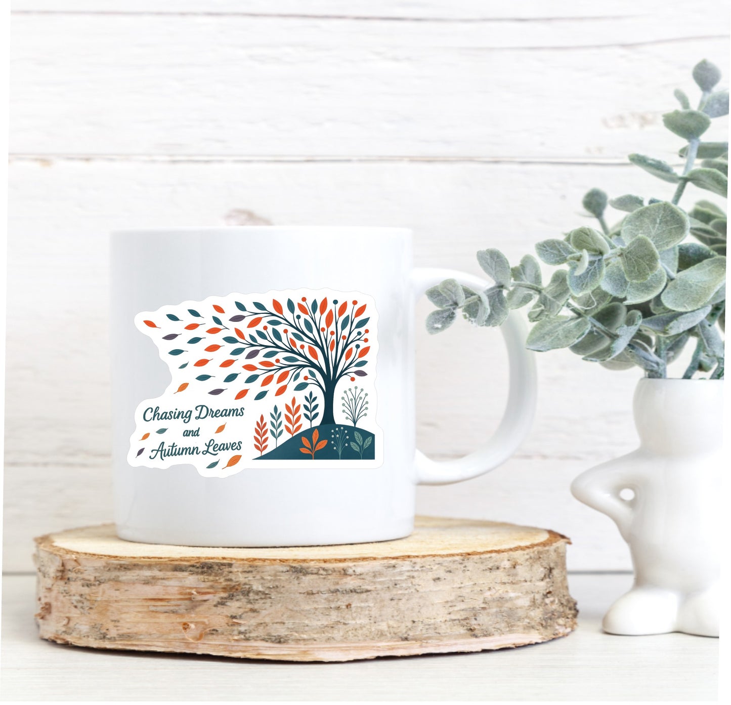 Chasing Dreams and Autumn Leaves Sticker || Whimsical Autumn Vinyl Sticker, Boho Vibe Sticker, Fall Tree Folk Art Laptop Decal