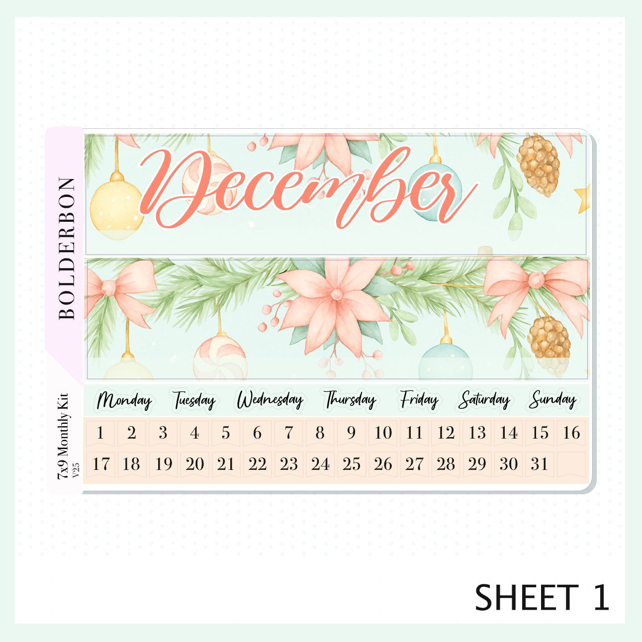 DECEMBER 7x9 Monthly Sticker Kit || Festive Christmas Planner Stickers, Holiday Pastel Vibe