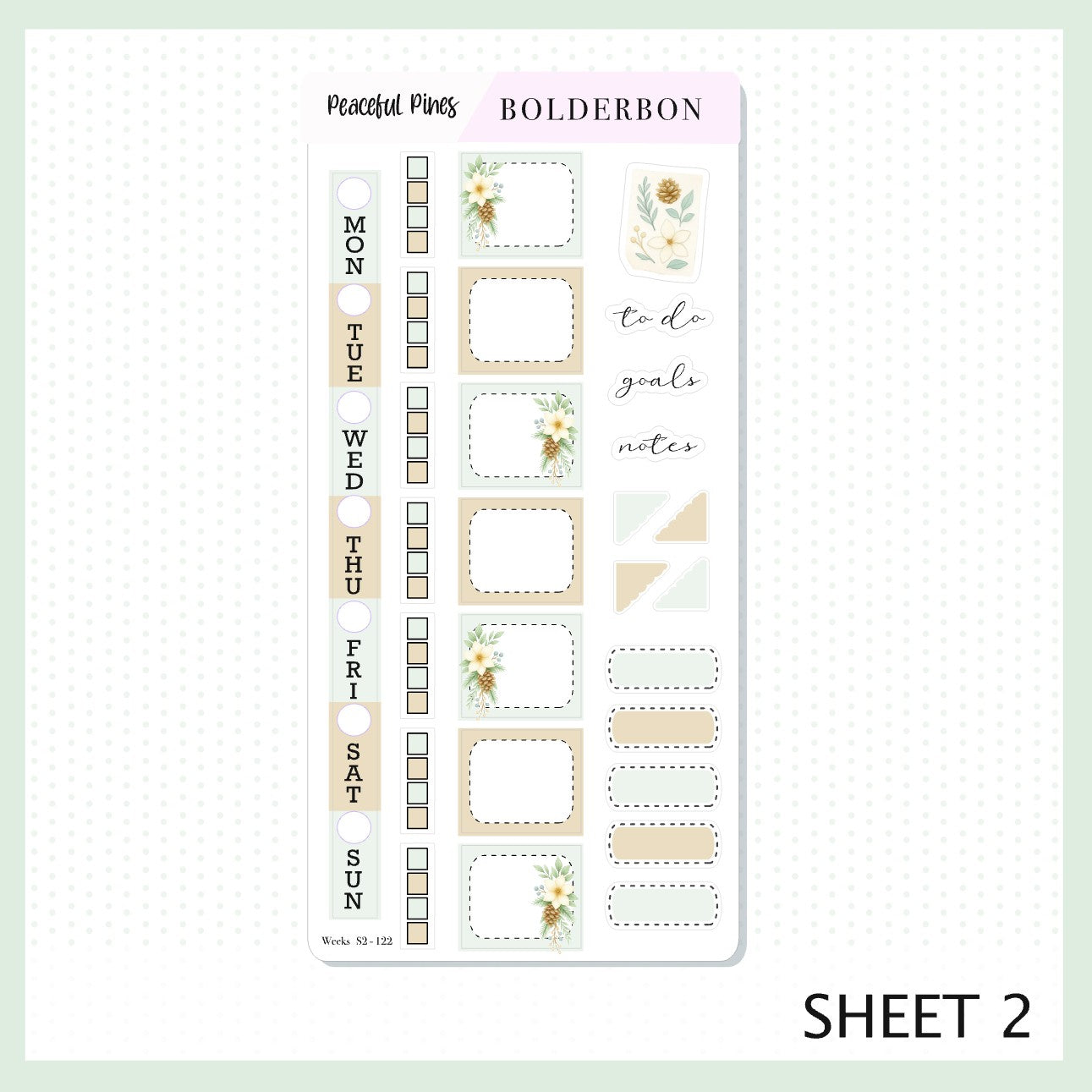 PEACEFUL PINES Hobonichi Weeks || Winter Floral Planner Stickers, Cozy Sage & Gold Vibe