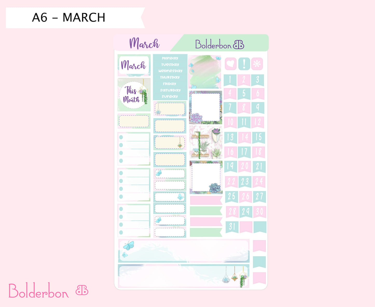 MARCH A6 Hobonichi || Hand Drawn Cute Serenity Succulent Monthly Sticker Kit Planner Stickers