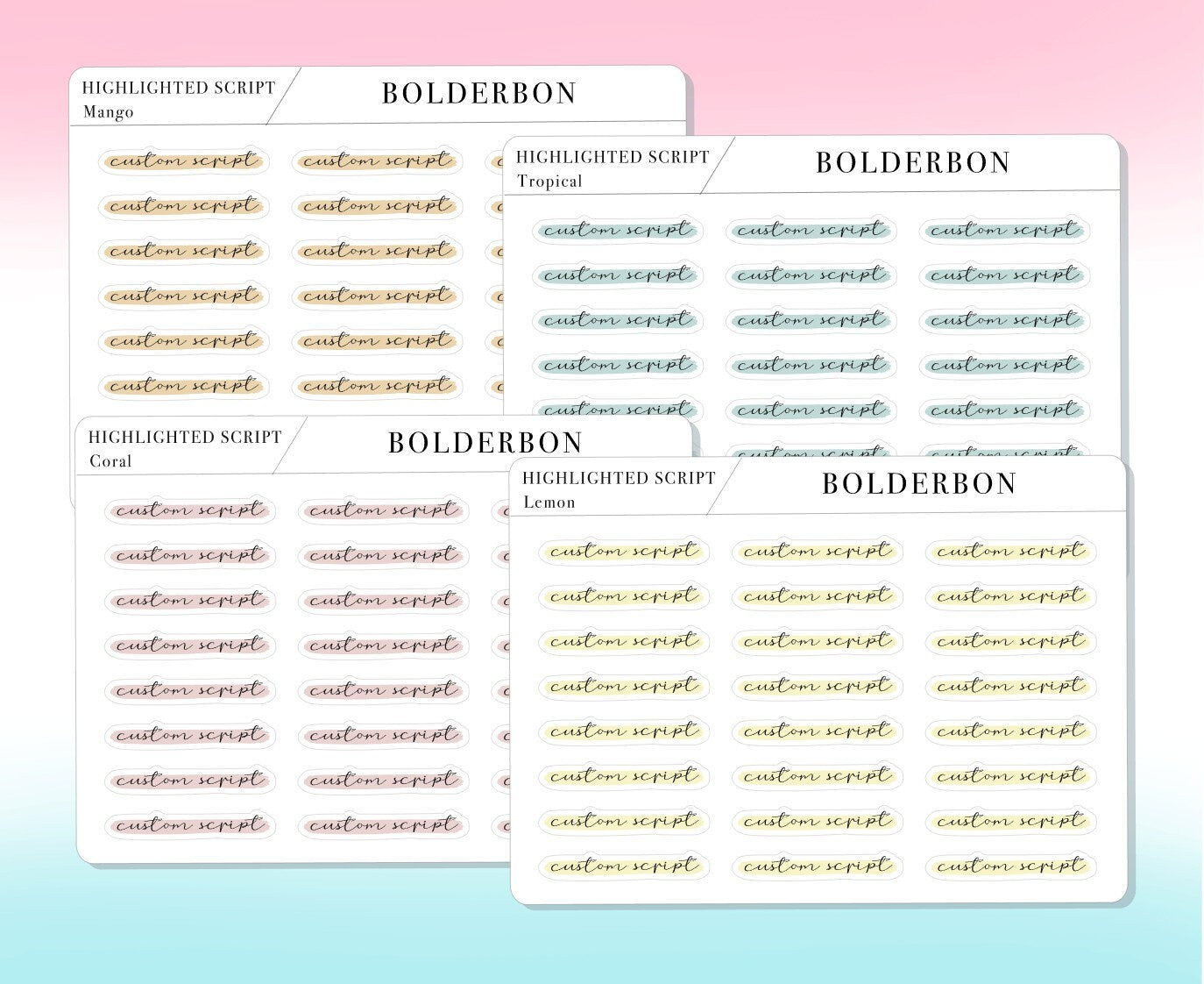 CUSTOM Highlighted Script Stickers || 45+ Word Font Matte White or Clear Sticker Paper