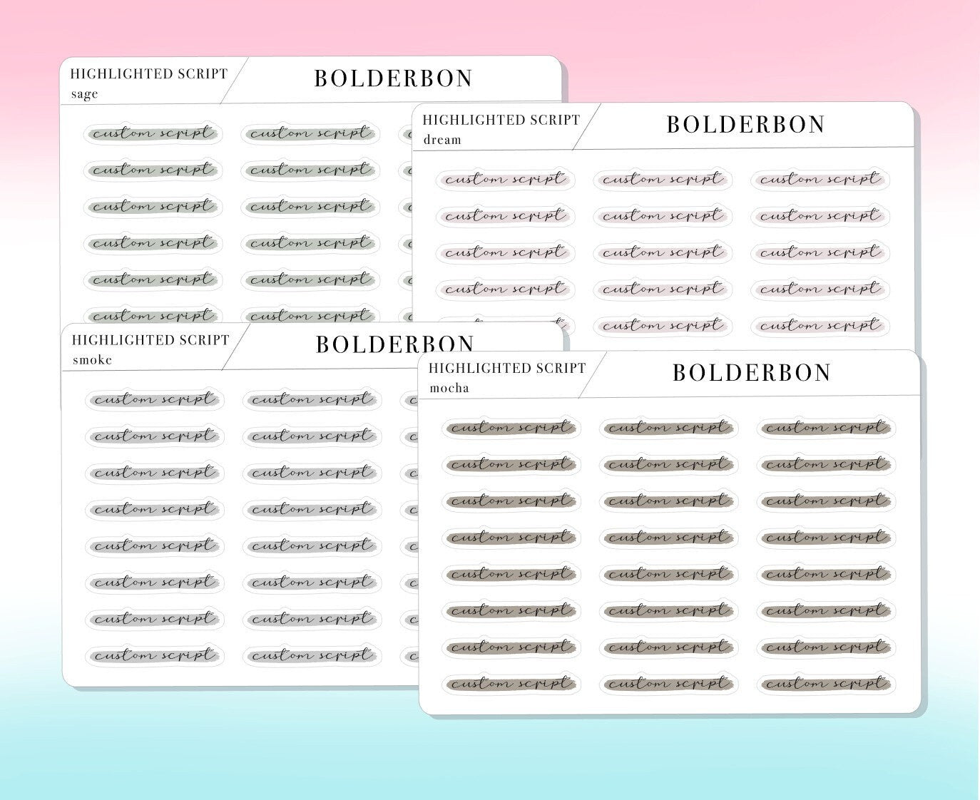 CUSTOM Highlighted Script Stickers || 45+ Word Font Matte White or Clear Sticker Paper