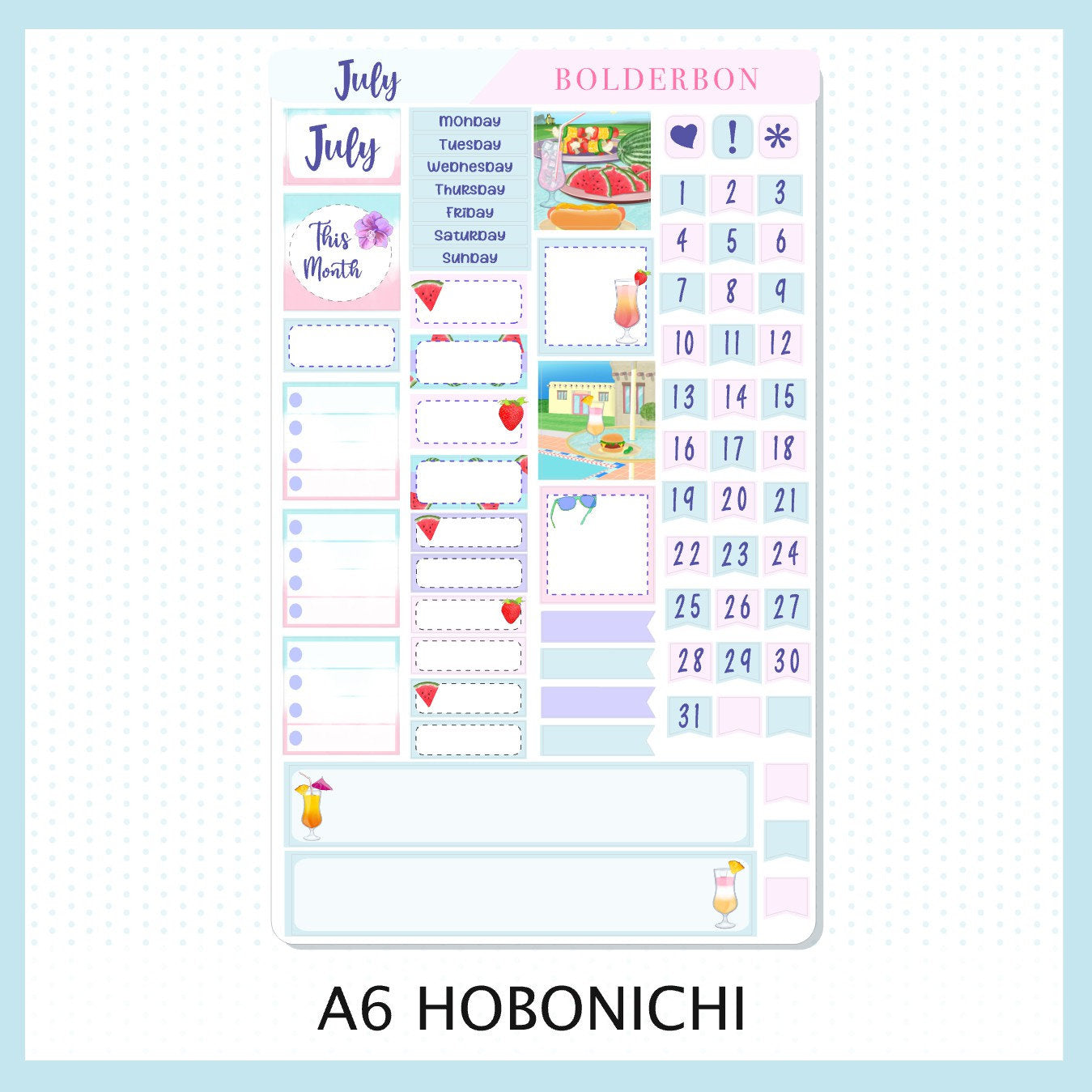 JULY A6 Hobonichi Monthly Kit || Hand Drawn Cute Planner Sticker Set