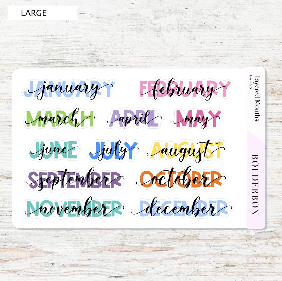 Layered Colorful Month Stickers || Script Month Labels for Planners, Journals, and Calendars