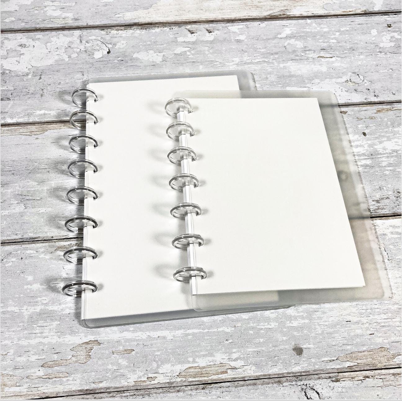 Discbound Notebook || Half Letter or B6 Size, Clear Cover, 7 or 8 Disc Planner, Minimalist Blank Journal, Refillable Paper