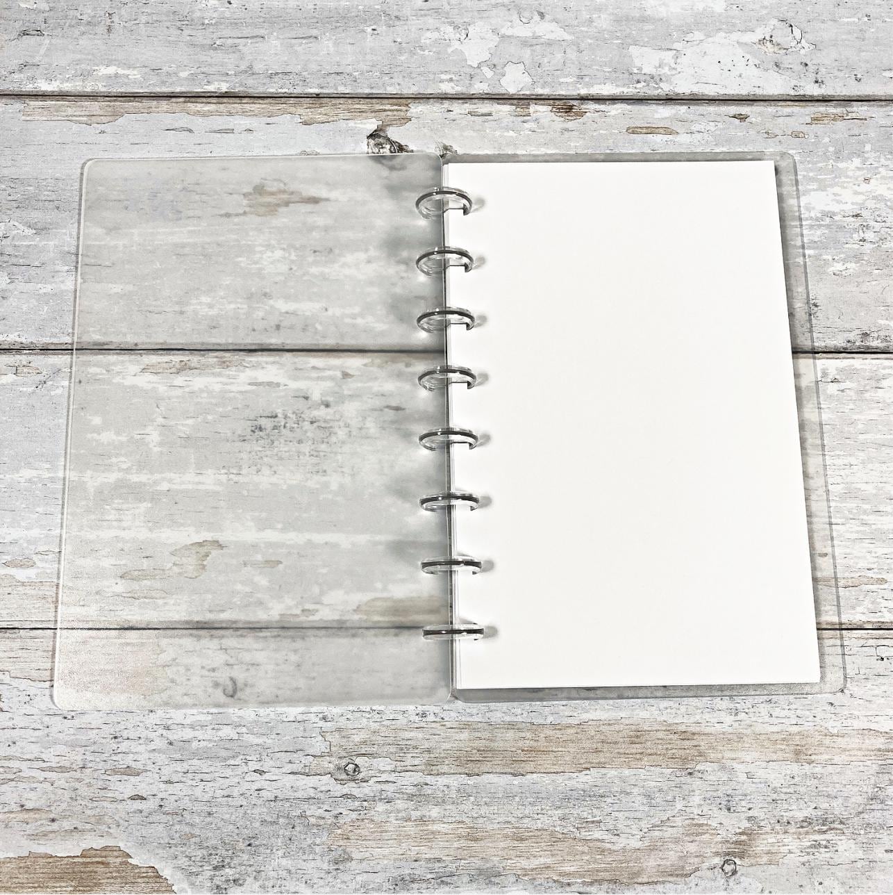Discbound Notebook || Half Letter or B6 Size, Clear Cover, 7 or 8 Disc Planner, Minimalist Blank Journal, Refillable Paper
