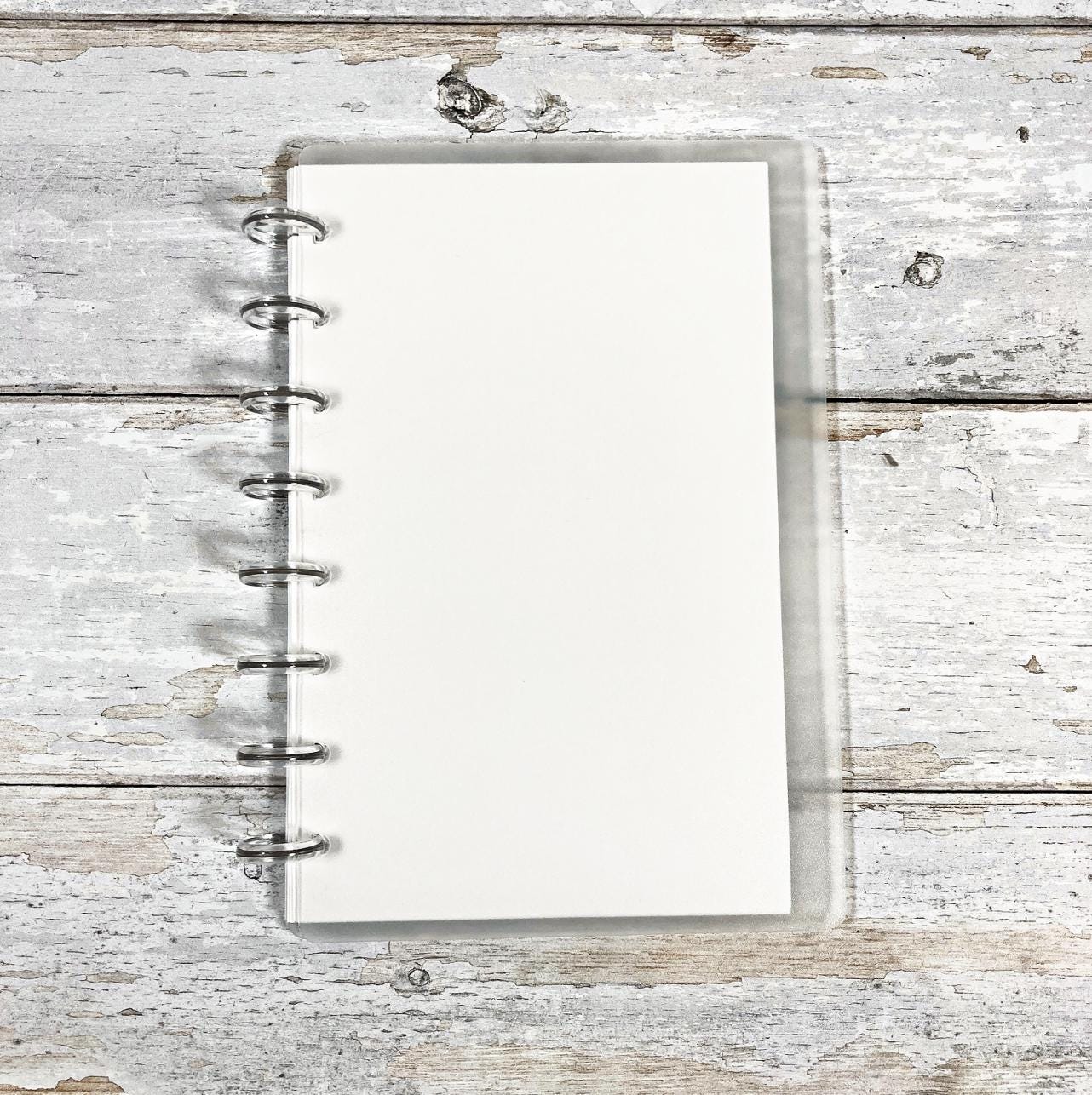 Discbound Notebook || Half Letter or B6 Size, Clear Cover, 7 or 8 Disc Planner, Minimalist Blank Journal, Refillable Paper