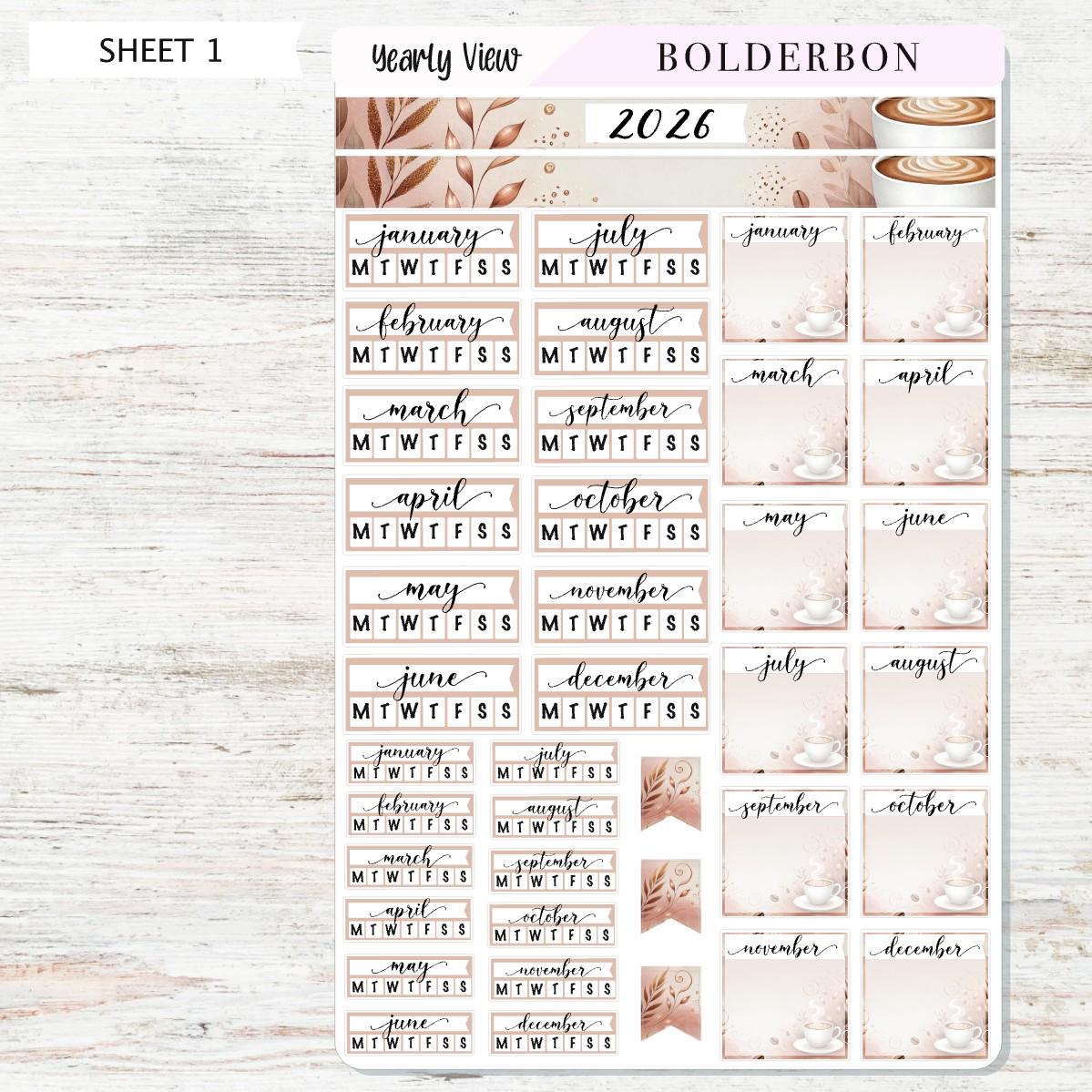 2026 HOBONICHI COUSIN Yearly View || Coffee Calendar Stickers, Year At A Glance, A5 Monthly Header Stickers