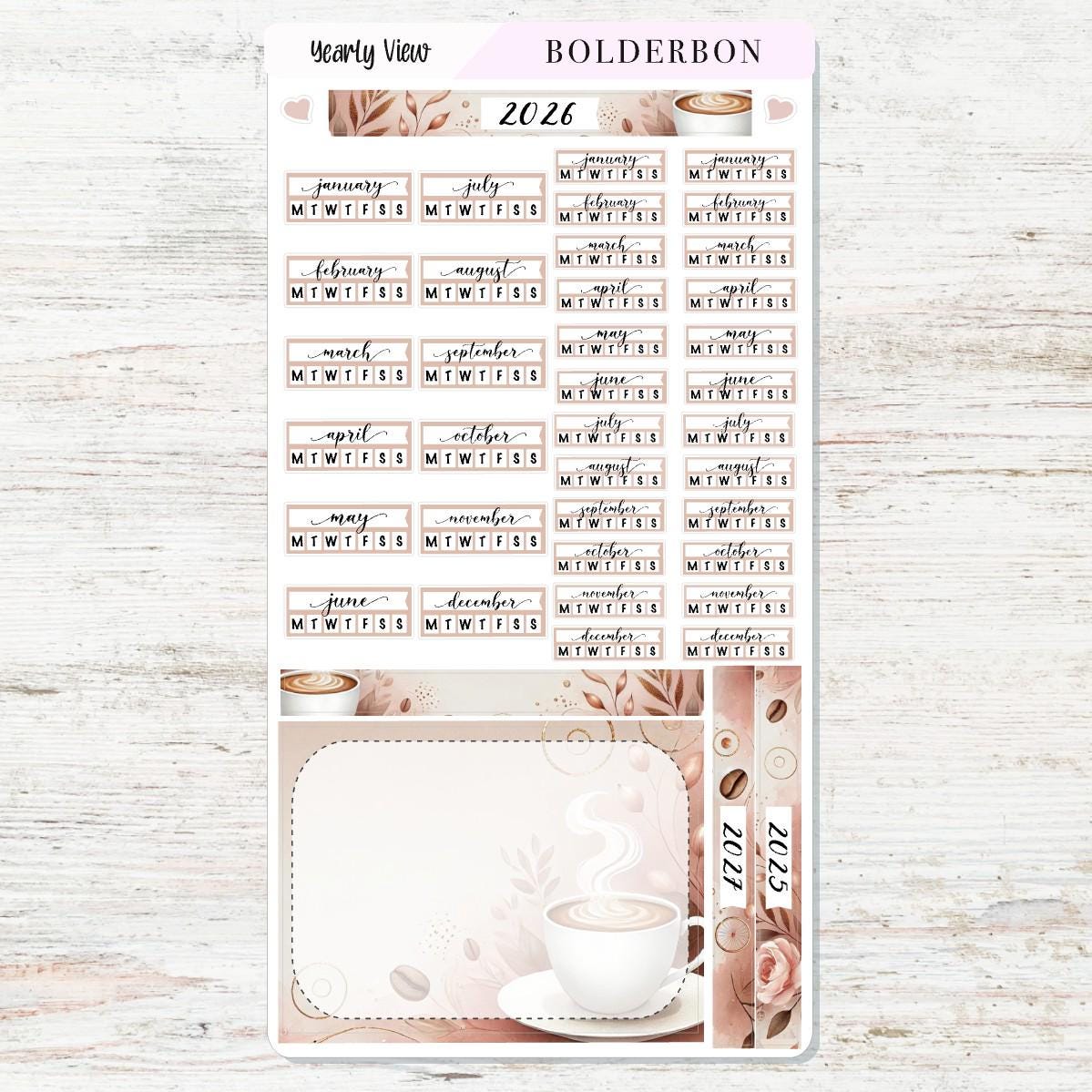 2026 YEARLY VIEW Hobonichi Weeks - Coffee Aesthetic || Calendar Stickers, Year At A Glance, Monthly Header Sticker Kit