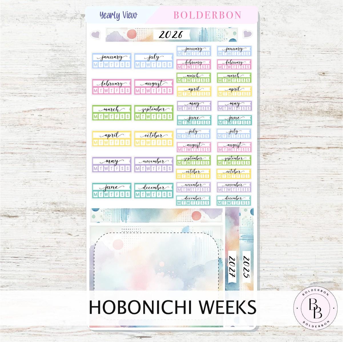 2026 YEARLY VIEW Hobonichi Weeks - Colorful || Calendar Stickers, Year At A Glance, Monthly Header Sticker Kit