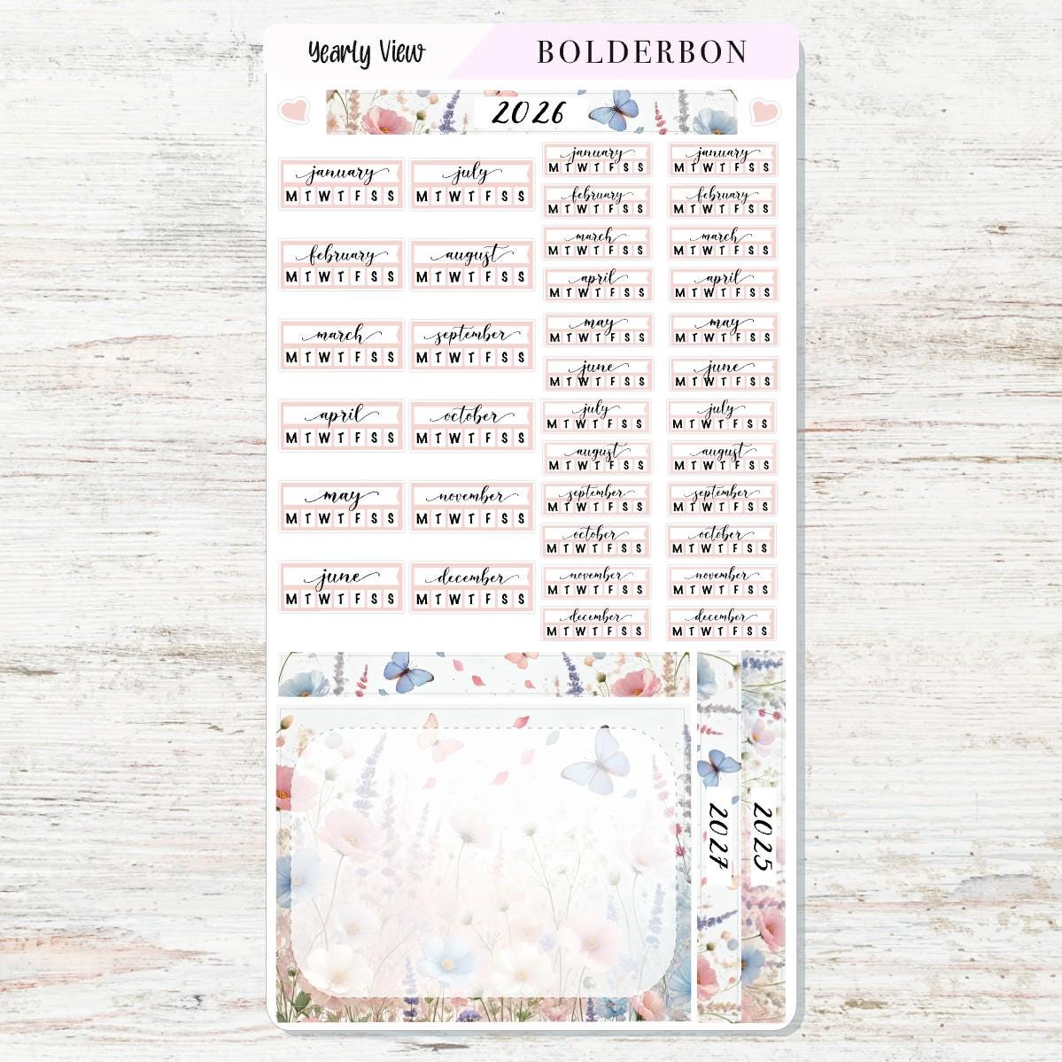 2026 YEARLY VIEW Hobonichi Weeks - Meadow || Calendar Stickers, Year At A Glance, Monthly Header Sticker Kit