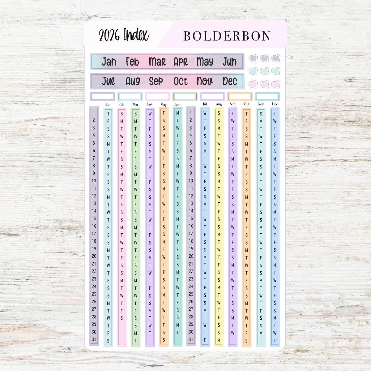2026 YEARLY INDEX Hobonichi Weeks - Colorful || Date Strips, Monthly Headers, Calendar Stickers, Year At A Glance, Hobonichi Weeks Kit