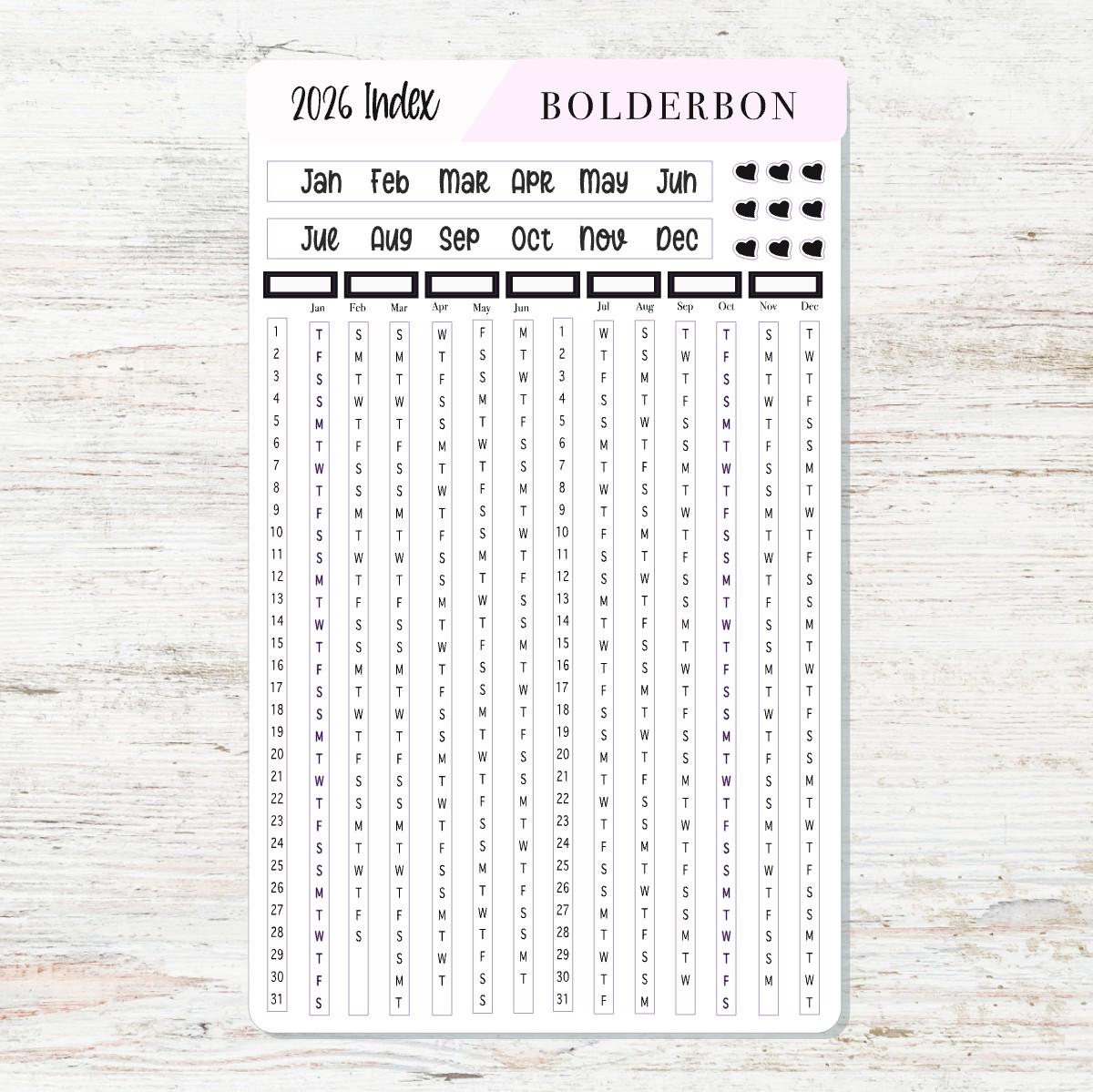 2026 YEARLY INDEX Hobonichi Weeks - SLATE || Date Strips, Monthly Headers, Calendar Stickers, Year At A Glance, Hobonichi Weeks Kit