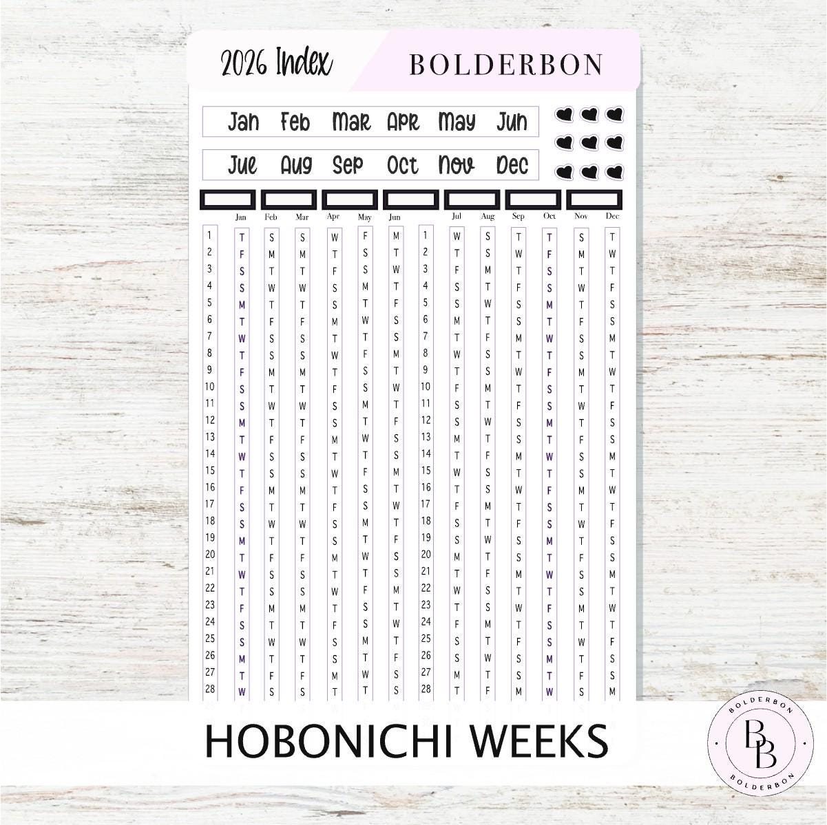 2026 YEARLY INDEX Hobonichi Weeks - SLATE || Date Strips, Monthly Headers, Calendar Stickers, Year At A Glance, Hobonichi Weeks Kit