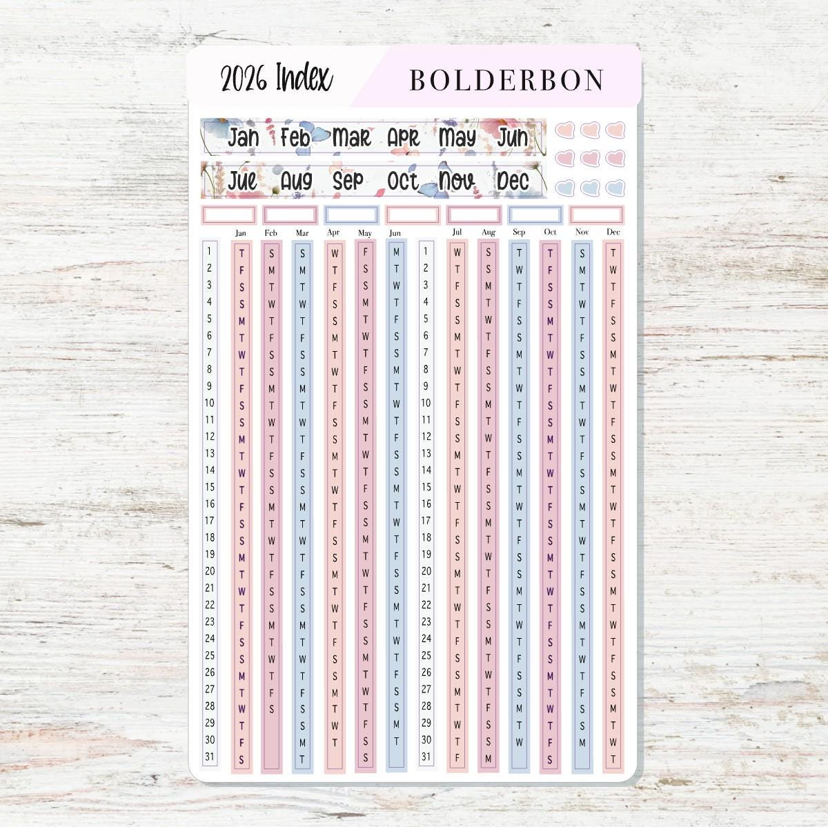 2026 YEARLY INDEX Hobonichi Weeks - MEADOW || Date Strips, Monthly Headers, Calendar Stickers, Year At A Glance, Hobonichi Weeks Kit