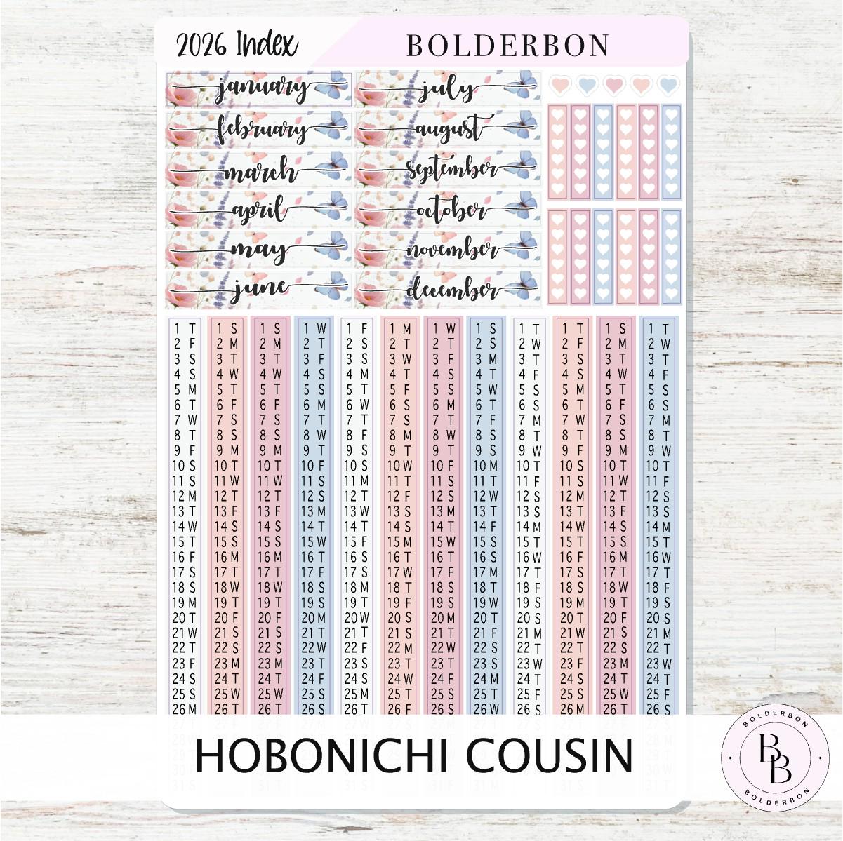 2026 HOBONICHI COUSIN Yearly Index Date Strips - Meadow || A5 Cousin, Day Free, Monthly Headers, Calendar Stickers, Year At A Glance