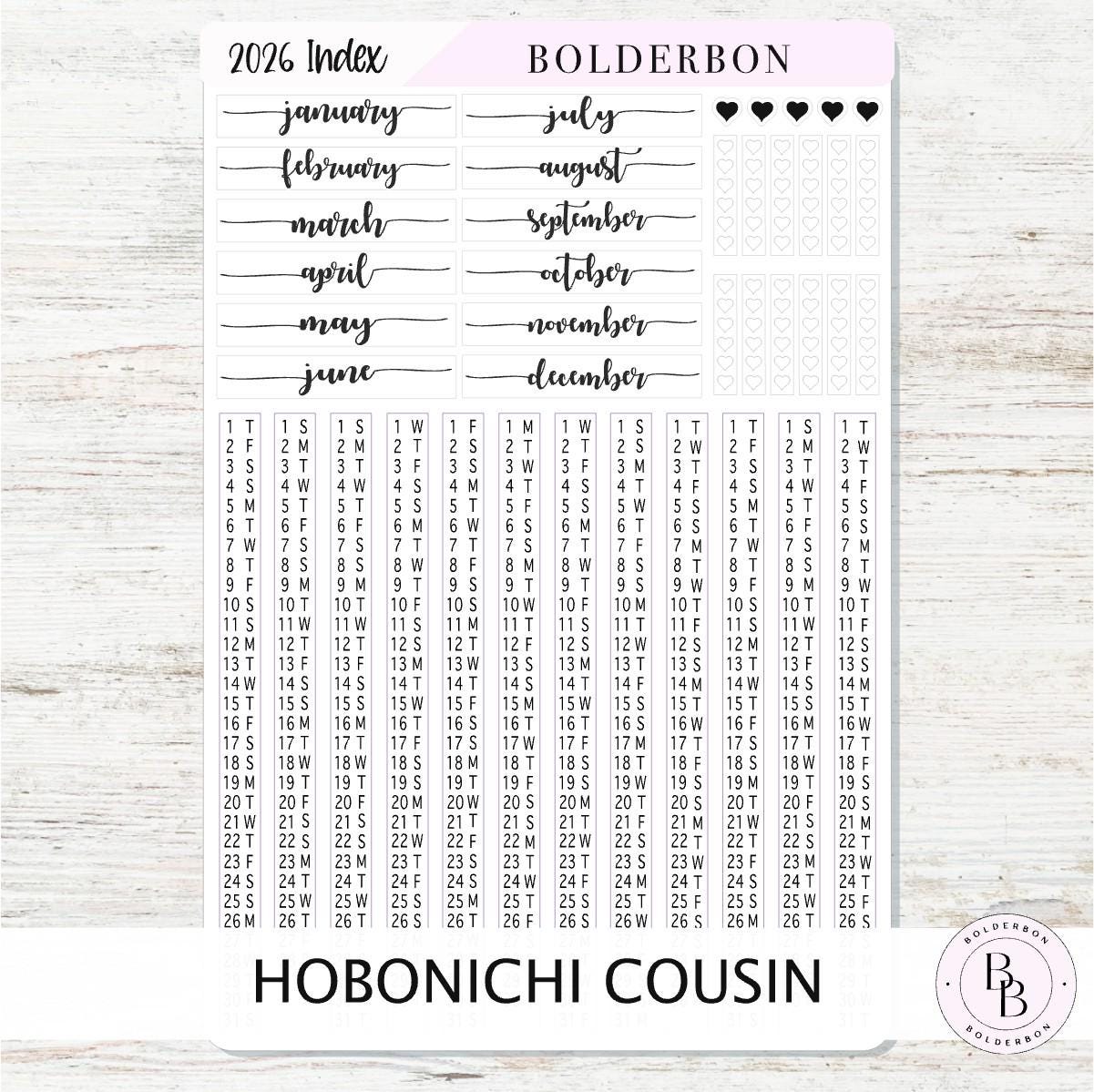 2026 HOBONICHI COUSIN Yearly Index Date Strips - Slate || A5 Cousin, Day Free, Monthly Headers, Calendar Stickers, Year At A Glance