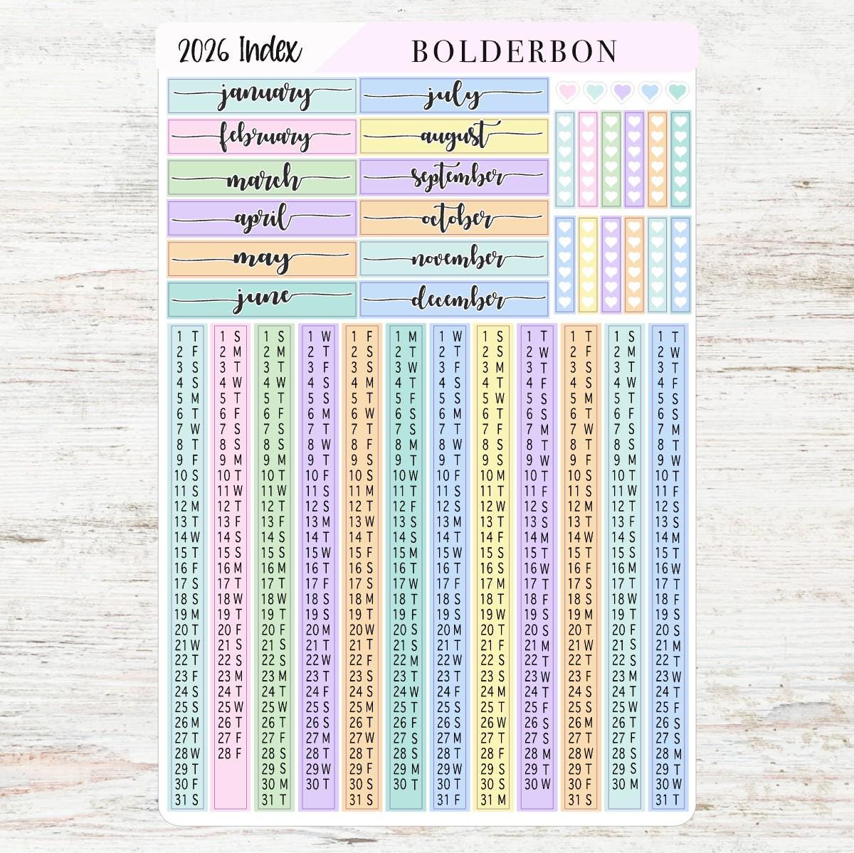2026 HOBONICHI COUSIN Yearly Index Date Strips - Colorful || A5 Cousin, Day Free, Monthly Headers, Calendar Stickers, Year At A Glance