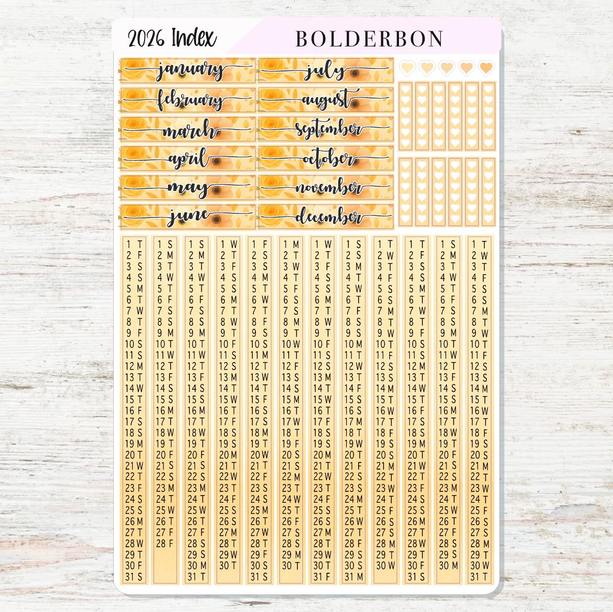 2026 HOBONICHI COUSIN Yearly Index Date Strips - Marigold || A5 Cousin, Day Free, Monthly Headers, Calendar Stickers, Year At A Glance