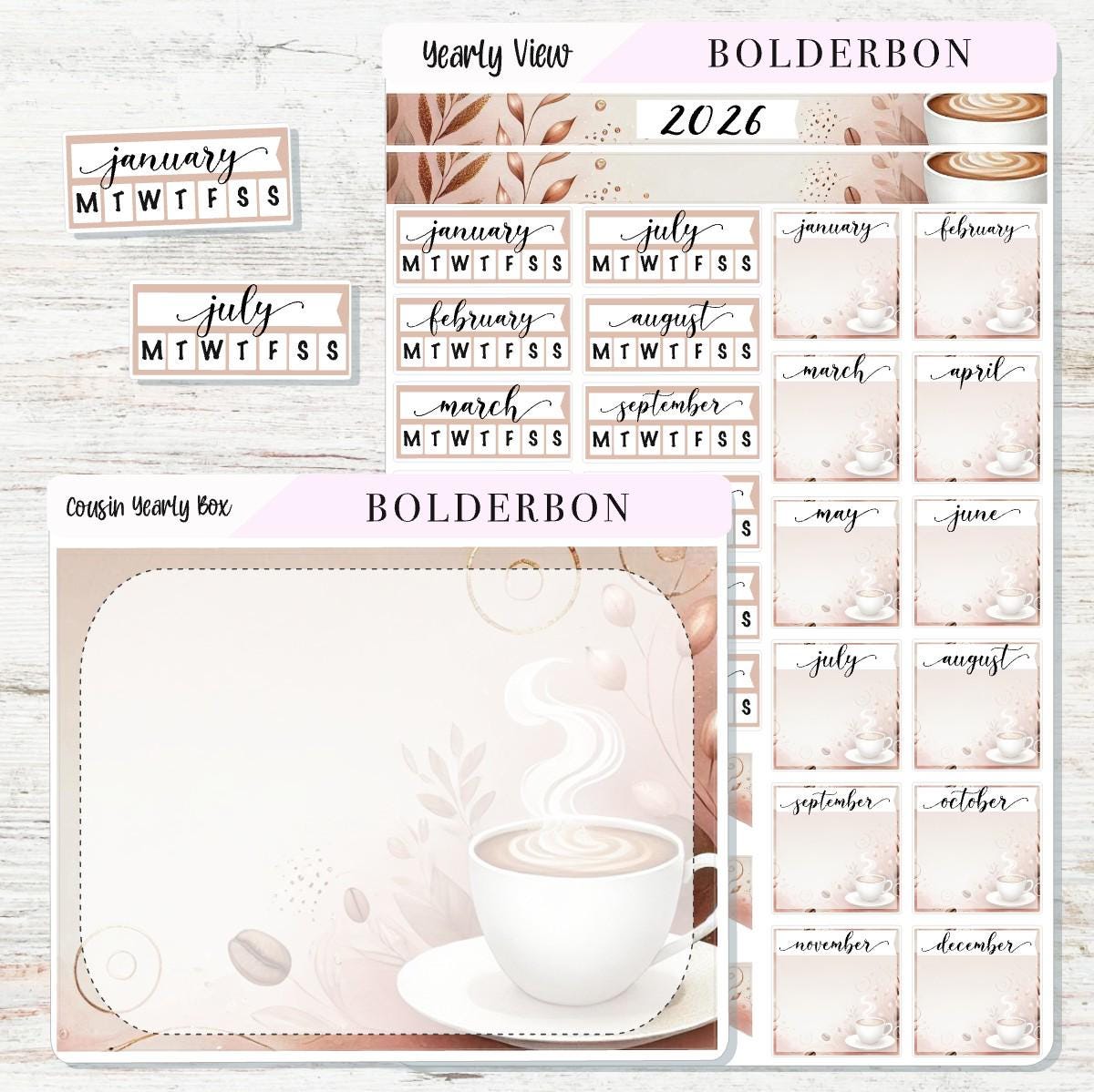 2026 HOBONICHI COUSIN Yearly View || Coffee Calendar Stickers, Year At A Glance, A5 Monthly Header Stickers