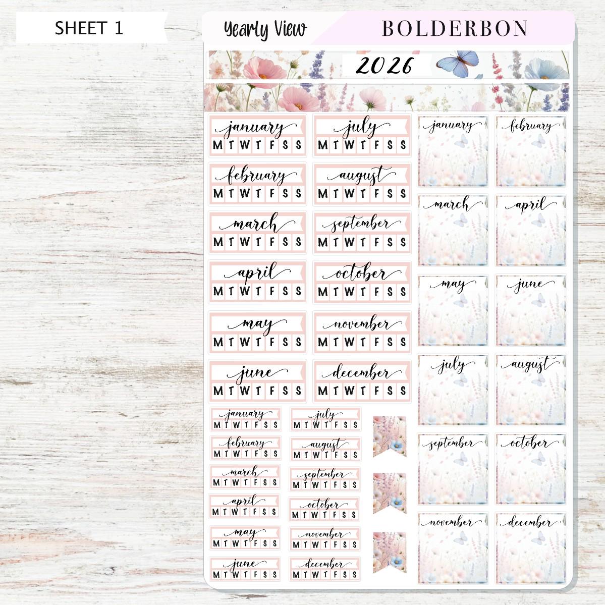 2026 HOBONICHI COUSIN Yearly View || Meadow Calendar Stickers, Year At A Glance, A5 Monthly Header Stickers