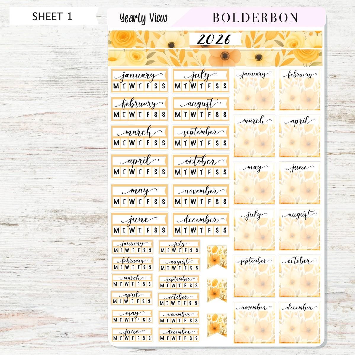 2026 HOBONICHI COUSIN Yearly View || Marigold Calendar Stickers, Year At A Glance, A5 Monthly Header Stickers