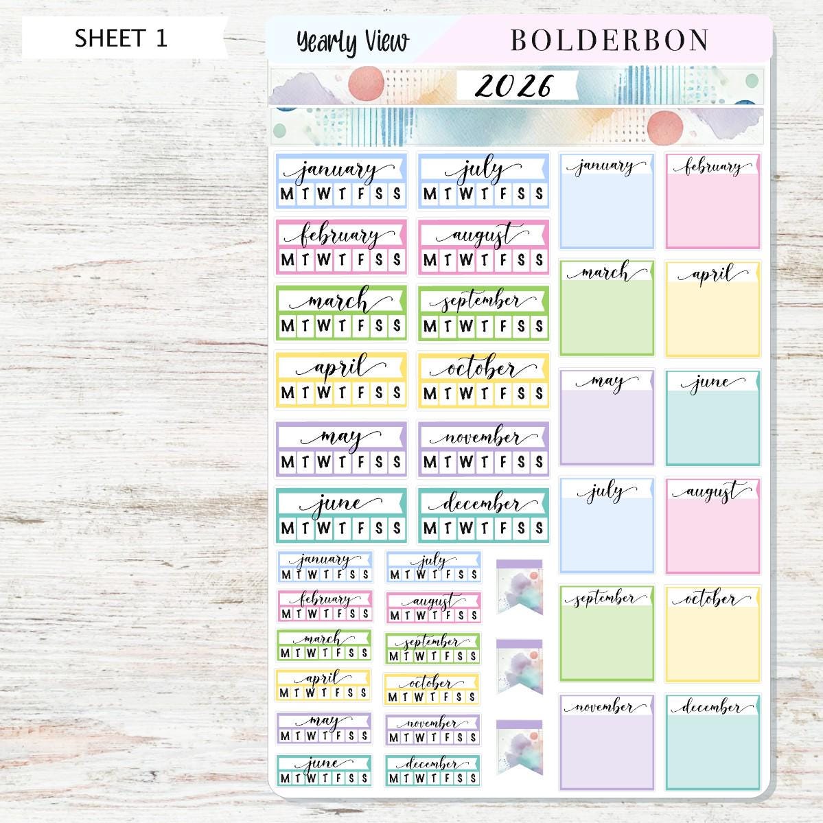 2026 HOBONICHI COUSIN Yearly View || Colorful Calendar Stickers, Year At A Glance, A5 Monthly Header Stickers