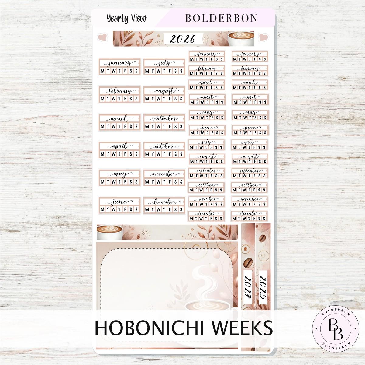 2026 YEARLY VIEW Hobonichi Weeks - Coffee Aesthetic || Calendar Stickers, Year At A Glance, Monthly Header Sticker Kit