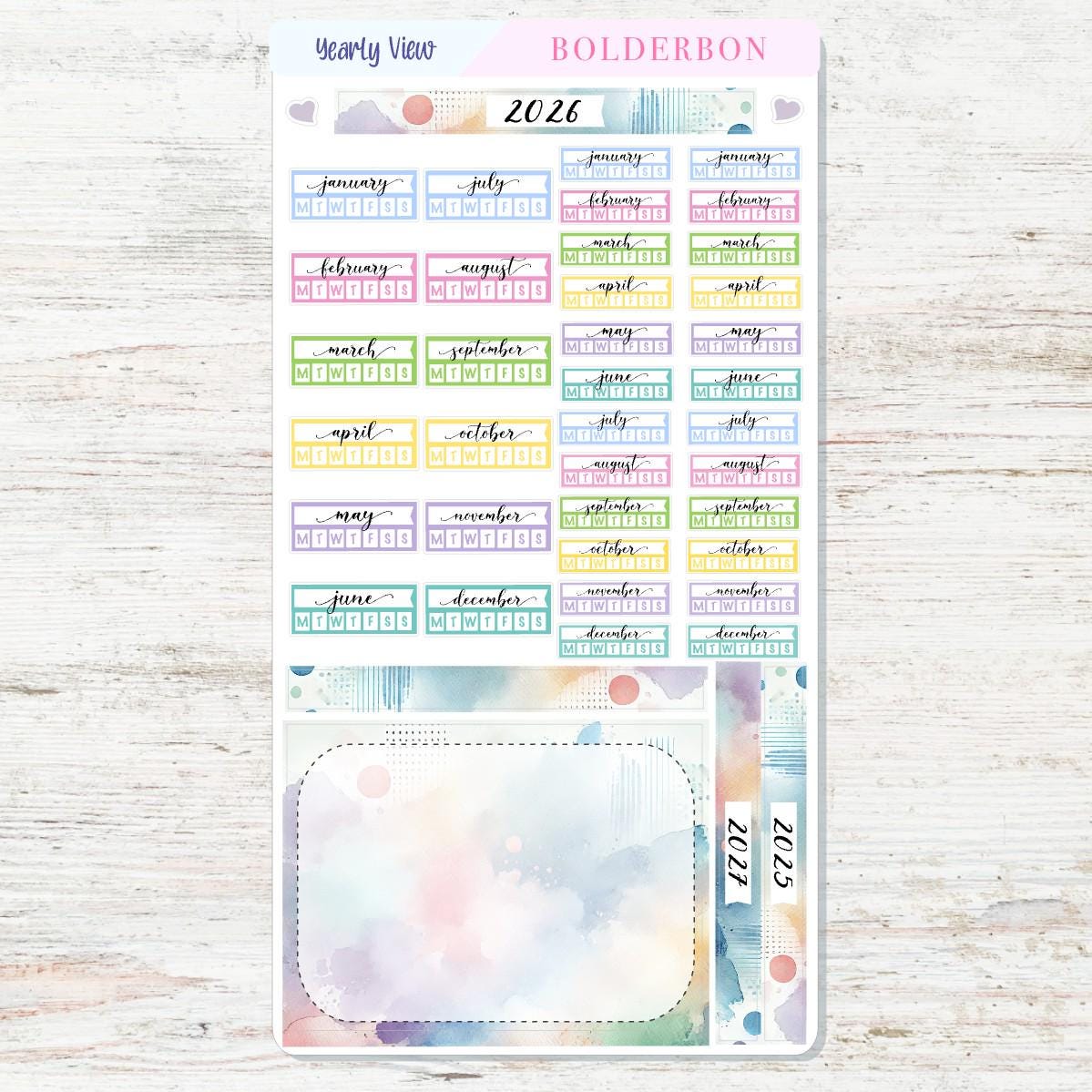 2026 YEARLY VIEW Hobonichi Weeks - Colorful || Calendar Stickers, Year At A Glance, Monthly Header Sticker Kit