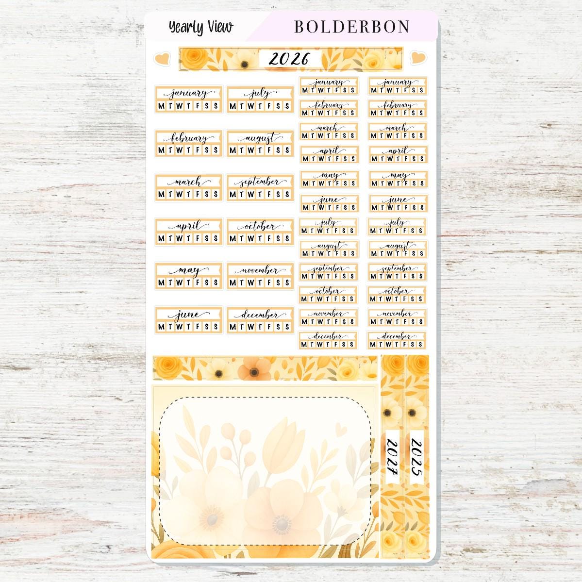 2026 YEARLY VIEW Hobonichi Weeks - Marigold || Calendar Stickers, Year At A Glance, Monthly Header Sticker Kit