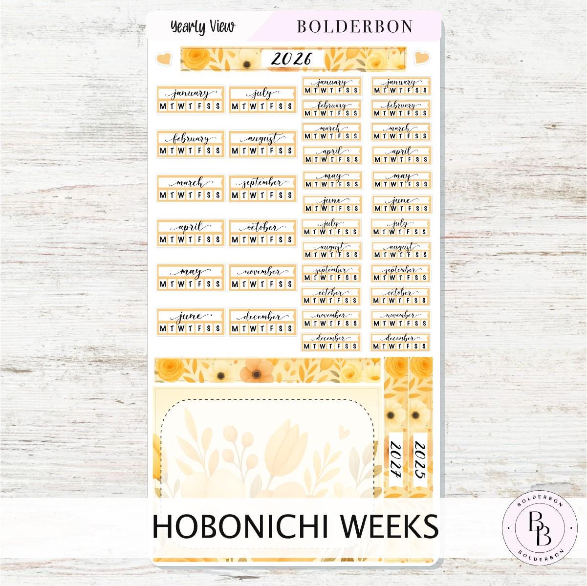 2026 YEARLY VIEW Hobonichi Weeks - Marigold || Calendar Stickers, Year At A Glance, Monthly Header Sticker Kit