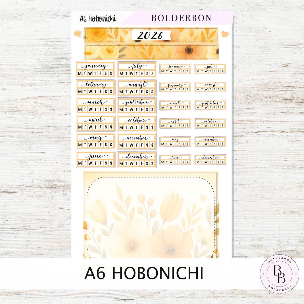 A6 HOBONICHI Yearly View - Marigold || Monthly Headers, Calendar Stickers, Year At A Glance, Hobonichi Weeks Kit
