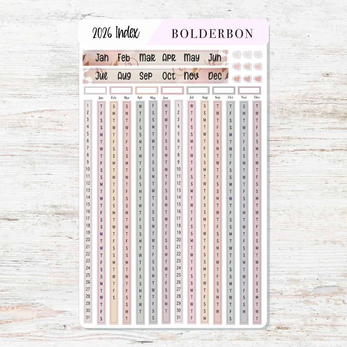 2026 YEARLY INDEX Hobonichi Weeks - Aesthetic || Date Strips, Monthly Headers, Calendar Stickers, Year At A Glance, Hobonichi Weeks Kit