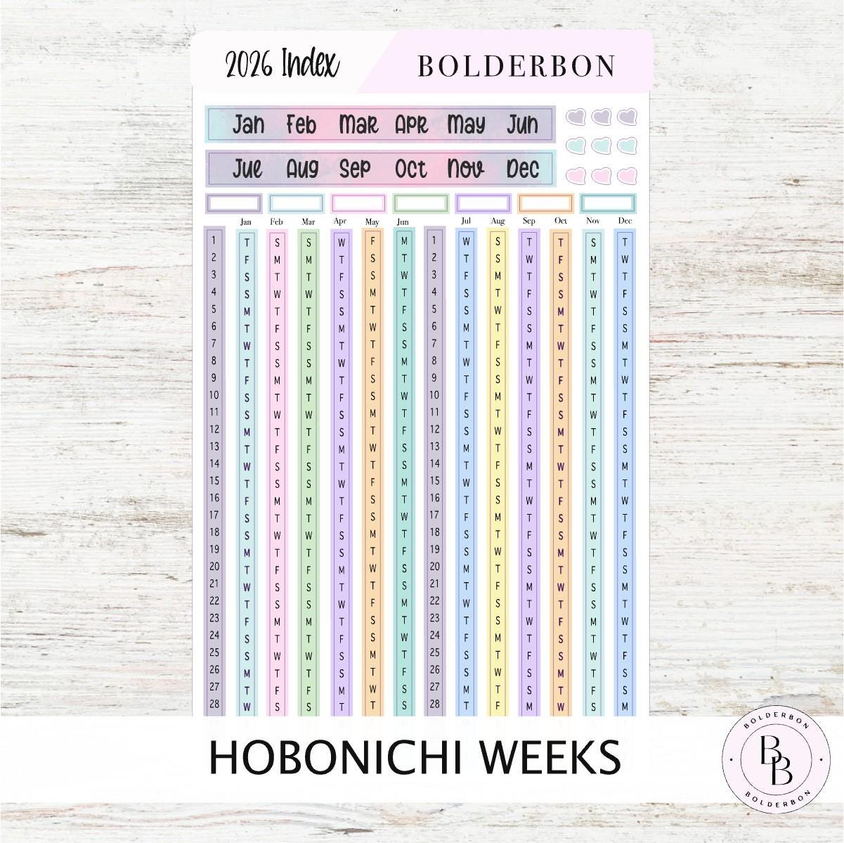 2026 YEARLY INDEX Hobonichi Weeks - Colorful || Date Strips, Monthly Headers, Calendar Stickers, Year At A Glance, Hobonichi Weeks Kit
