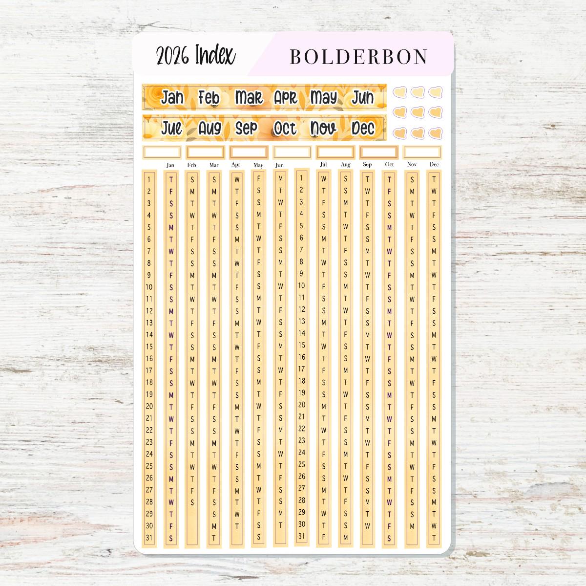 2026 YEARLY INDEX Hobonichi Weeks - Marigold || Date Strips, Monthly Headers, Calendar Stickers, Year At A Glance, Hobonichi Weeks Kit