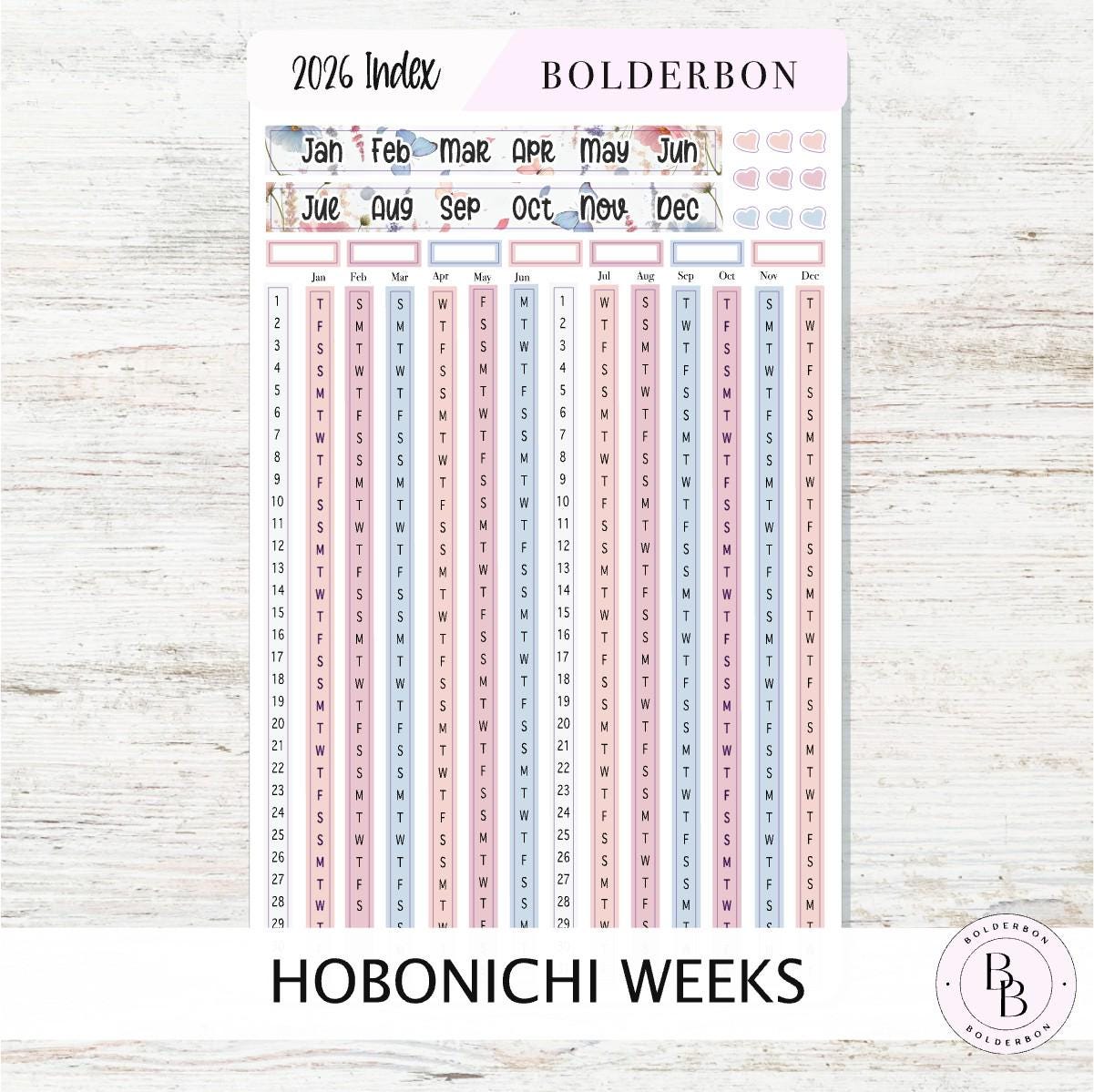 2026 YEARLY INDEX Hobonichi Weeks - MEADOW || Date Strips, Monthly Headers, Calendar Stickers, Year At A Glance, Hobonichi Weeks Kit