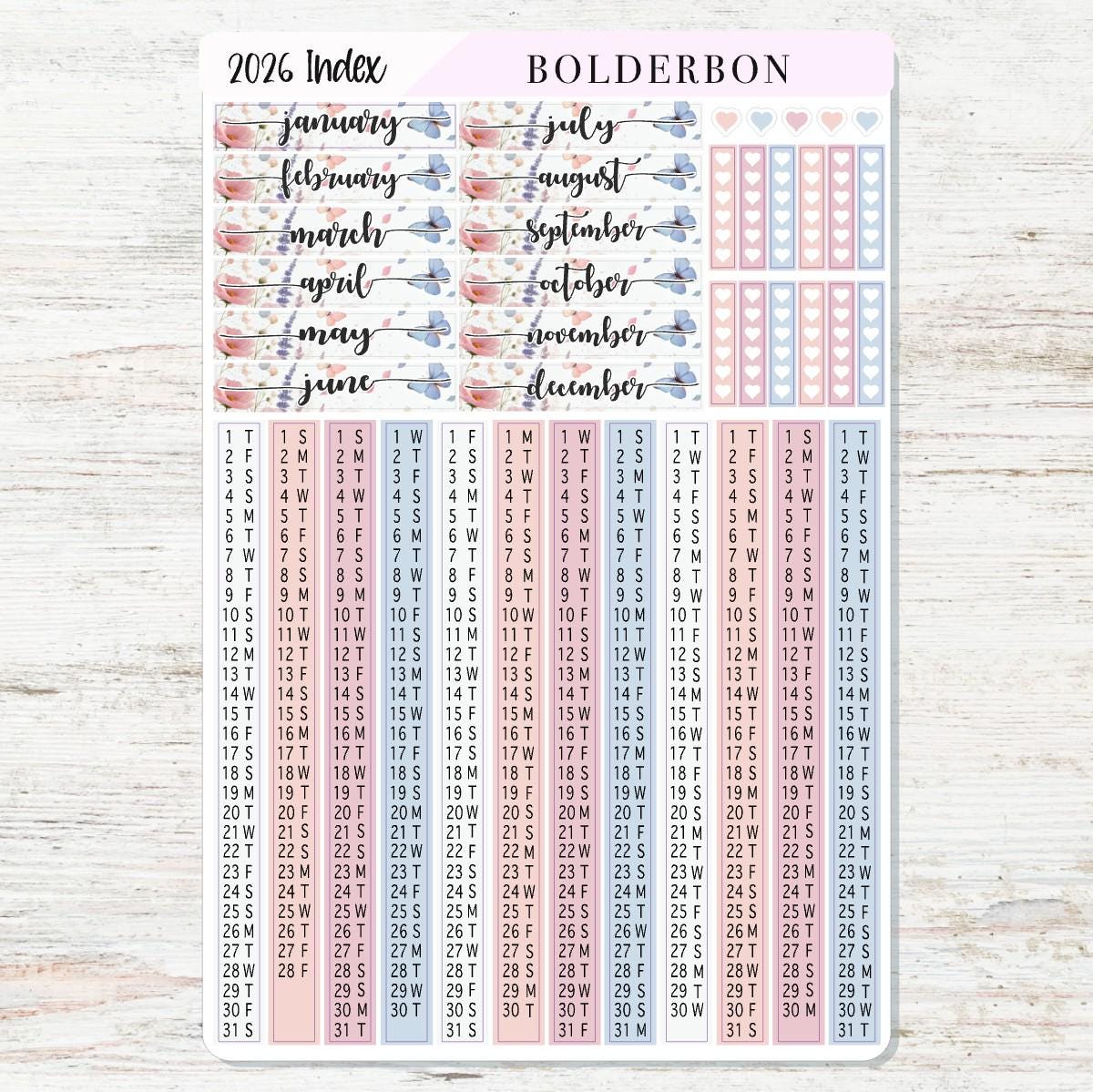 2026 HOBONICHI COUSIN Yearly Index Date Strips - Meadow || A5 Cousin, Day Free, Monthly Headers, Calendar Stickers, Year At A Glance